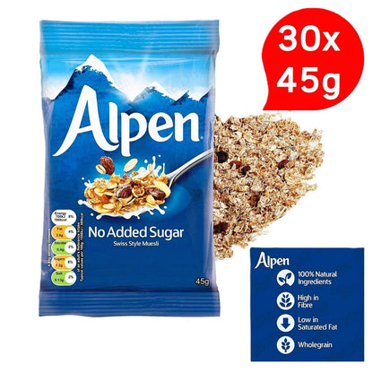 30 x Alpen No Added Sugar Muesli Swiss Style 45g Sachets